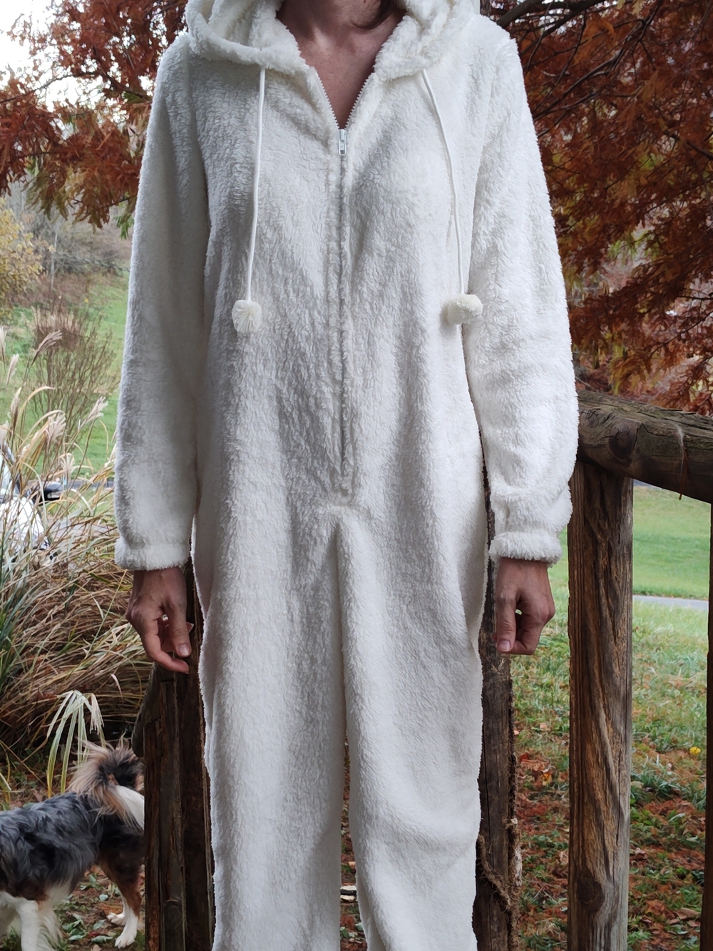 White Plush Hooded Onesie Pajamas/Jumpsuit With Pom Poms